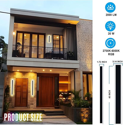 2PCS 40" RGBW LED Long Wall Light Outdoor, Black Led Wall Sconces, IP66 Waterproof Wall Lighting, Exterior Light Fixtures Wall Mount, APP Control for Outdoor/Indoor Party Gathering