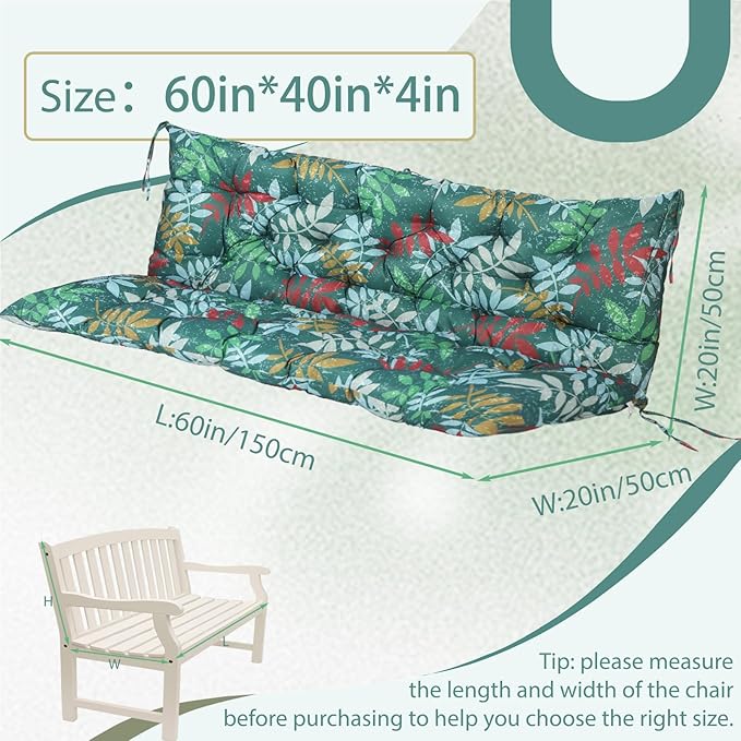 2/3 Seater Swing Replacement Cushion, Waterproof Porch Swing Cushions with Backrest, Thickened Bench Cushions for Outdoor Furniture, for Outdoor Patio Swing (Flower Color, 60 * 40 in)
