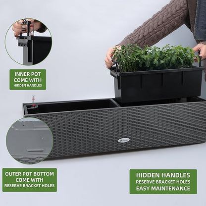 Dexceder 31.5 Inch Rattan Self Watering Planter Indoor Outdoor, Thickened Large Rail Flower Plant Pot Window Box with Water Level Indicators (Deep Gray)