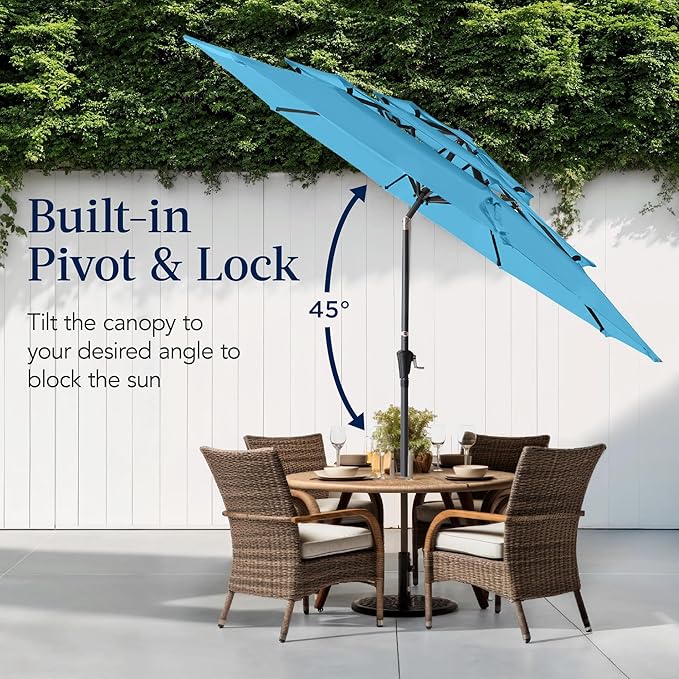 Best Choice Products 10ft 3-Tier Market Patio Umbrella, Outdoor Sun Shade with Tilt, Crank Lift, 8 Ribs for Backyard, Deck, Poolside – Sky Blue