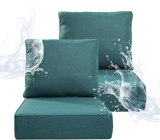 6" Thicker Outdoor Chair Cushion 2 Sets - 24" *24" *6" Waterproof Patio Furniture Cushions with Removable Cover, 28D High Density Sponge Filling Thicken Outdoor Patio Cushions - Peacock Blue
