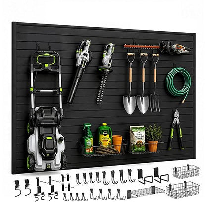 SMARTSTANDARD Slatwall Panel 4x8 FT, Garden Wall Organizer with 31 Garden Tool Hooks & Baskets,Heavy Duty PVC Slat Wall Panels for Gardening, Easy to Install & DIY Cutting (Black)