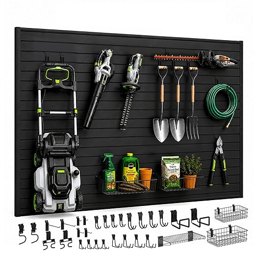 SMARTSTANDARD Slatwall Panel 4x8 FT, Garden Wall Organizer with 31 Garden Tool Hooks & Baskets,Heavy Duty PVC Slat Wall Panels for Gardening, Easy to Install & DIY Cutting (Black)