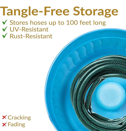 Sunnydaze Metal Garden Hose Pot for Outside with Lid - UV-Resistant 145-Foot Outdoor Hose Holder - Blue Patina Finish