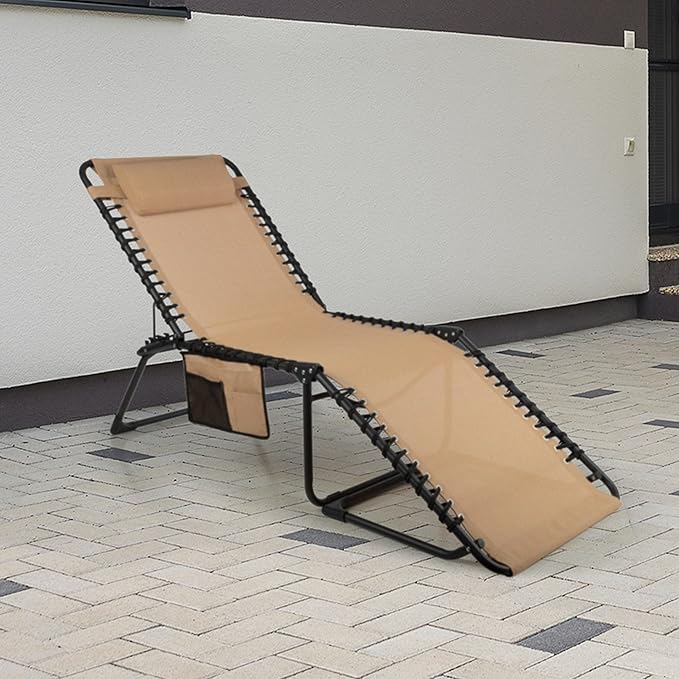 Lavish Home Folding Lounge Chair Outdoor Recliner - 3 Position Chaise Lounge Outdoor Beach Tanning Chair with Side Pocket and Removable Pillow - Portable Patio Furniture for Pool or Lawn (Beige)