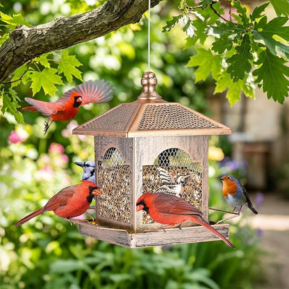LBTING Bird Feeder for Outside, Metal Square Lantern-Shaped Bird Feeder with Polka Dot Patterned Roof, Wild Bird Feeders for Hanging Outdoor Garden Yard