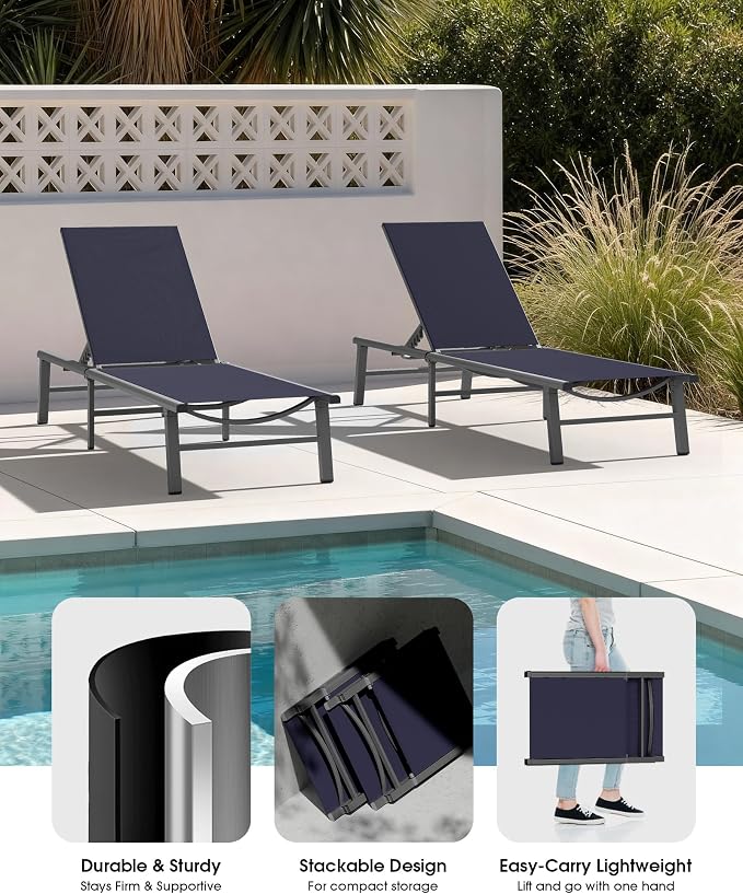 Ciokea Foldable Outdoor Lounge Chair Set of 4, No Assembly Aluminum Chaise Lounge Outdoor with 5-Positions, Aluminum Pool Lounge Chairs with Portable Design for Pool, Deck, Beach, Patio (Navy Blue)