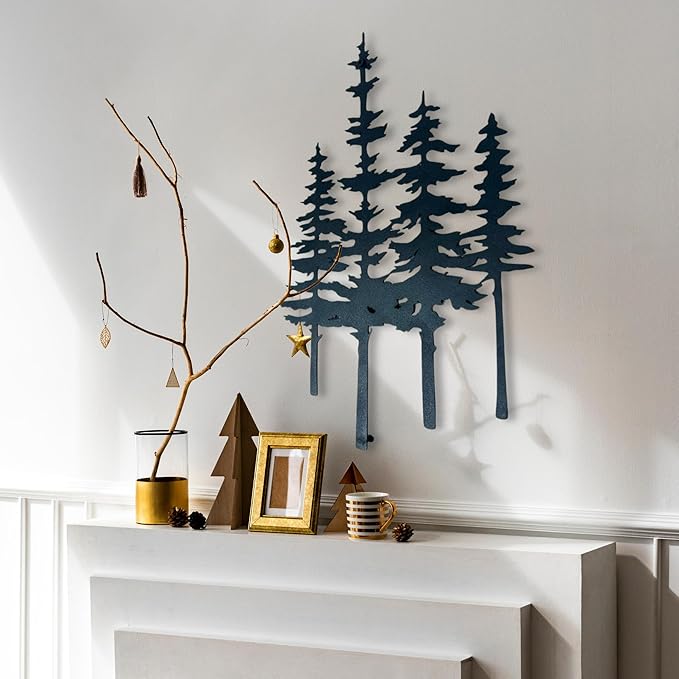 Pine Tree Metal Wall Mounted Art, Large Black Rustic Pine Forest Scene, Handcrafted Metal Home Decor with Static Powder Coating, Indoor/Outdoor Home, Living Room, Farmhouse, Garden, Bedroom Decor, Wall Hanging Sign (18 x 11 inches)