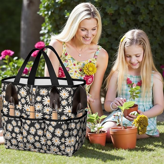 Daisy Flowers Garden Tool Bag - Waterproof Garden Tote with 8 Pockets, Large Storage Home Organizer Gardening Tool Oxford Bag for Garden Tools Kits Holder, Ideal Outdoor Gardening Gift for Women & Men
