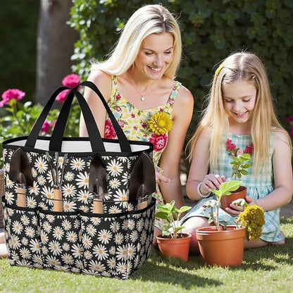Daisy Flowers Garden Tool Bag - Waterproof Garden Tote with 8 Pockets, Large Storage Home Organizer Gardening Tool Oxford Bag for Garden Tools Kits Holder, Ideal Outdoor Gardening Gift for Women & Men