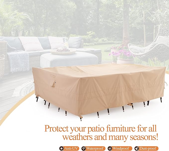 WJ-X3 Large Rectangular Outdoor Table Cover Waterproof, Heavy Duty Patio Furniture Set Cover UV-Resistant, Lawn Sectional Set Cover, High Wind Resistant, Anti-fading 126Wx 84Dx 31HInches, Beige