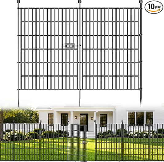 10 Panels No Dig Decorative Outdoor Garden Fence with Gate for Yard, 40 in(H) X 23.6 ft(L) Animal Barrier Fencing Rustproof Metal Wire Panel Border for Dog, Rabbits, and Patio Temporary Ground Stakes