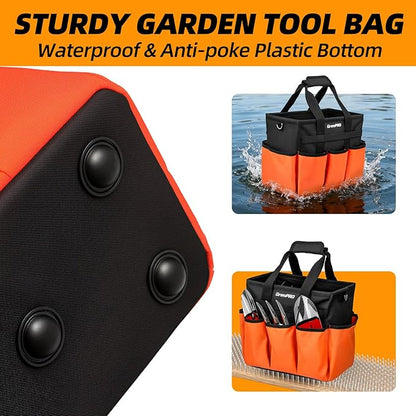 GRENPRO Garden Tool Bag Organizer, Heavy Duty Gardening Tote Toolbox with 10 Pockets, Adjustable Shoulder Strap, Standable & Foldable for Tool Storage, Home Garden Kit, Orange (Tools Not Included)