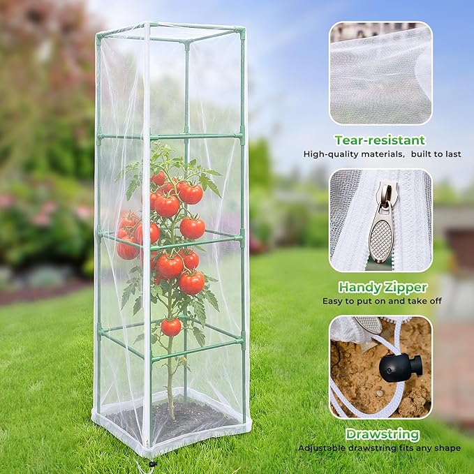 3 Pack Bird Netting Plant Cover for Tomato Cage with Zipper Drawstring, 57"x17.7" Mesh Covers for Garden Plants, Insect Small Animal Barrier Protection Net for Blueberry Bush Shrubs Fruits (No Cage)