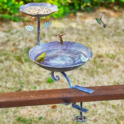 2 in 1 Bird Bath for Deck Railing and Balcony, Bird Feeders for Outdoors with Heavy Duty Clamp, Unique for Outside and Blue Birdfeeder Suitable for Garden Porch Backyard