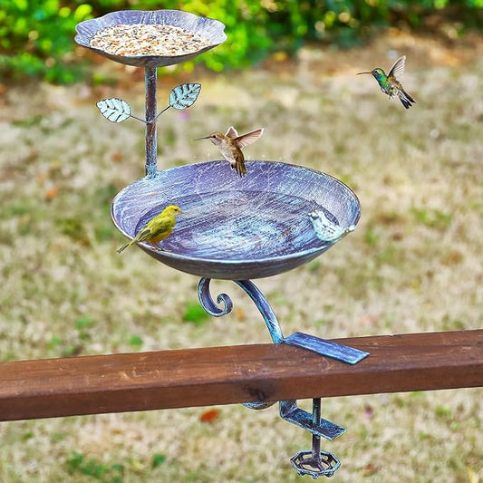 2 in 1 Bird Bath for Deck Railing and Balcony, Bird Feeders for Outdoors with Heavy Duty Clamp, Unique for Outside and Blue Birdfeeder Suitable for Garden Porch Backyard