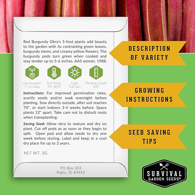 Okra Seeds Collection for Planting - 3 Heirloom Okras: Clemson Spineless, Red Burgundy, & Emerald Green Varieties - Non-GMO Vegetable Garden Variety Pack for Outdoor Growing - Survival Garden Seeds