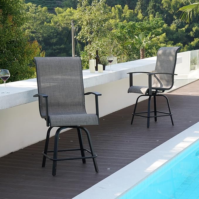 Grand patio Outdoor Swivel Bar Stools with Armrests Backs, 24" Height Patio Chairs for Porch Deck, Set of 4, Outdoor Sling Fabric (Coffee, 4PC)