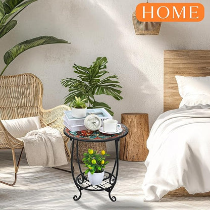 Cinnvoice Outdoor Side Table Round Small Mosaic Patio Accent Indoor End Plant Coffee Tea Table for Yard Patio Porch Garden Living Room, Bedroom(Butterfly B Style,14 Inch)