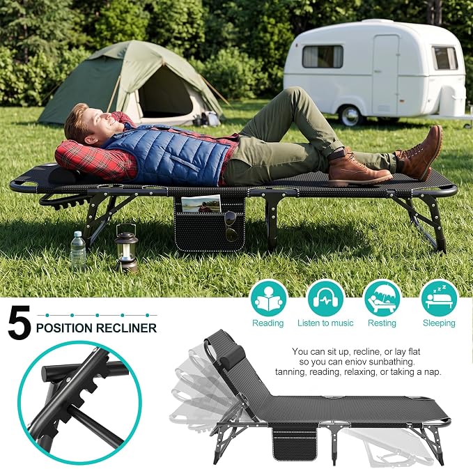 ABORON 3-in-1 Folding Lounge Chair with Padded Cushion, 440LB Heavy-Duty 3-Fold Adjustable Recliner & Guest Bed, No Assembly Portable Chaise Lounge for Patio, Poolside, Office Nap & Camping