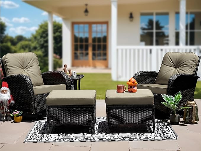5 Piece Outdoor Patio Furniture Set,Wicker Patio Conversation Set with Swivel Glider Chairs,Wicker Rocking Swivel Chairs Set with Ottomans/Side Coffee Table for Backyard,Deck,Balcony,Khaki