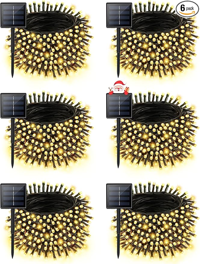 6 Pack Christmas Solar String Lights Outdoor Waterproof, 198FT 600 LED Green Wire Solar Fairy Lights with 8 Modes, Solar Twinkle Lights for Garden Tree Patio Fence Christmas Decorations (Warm White)