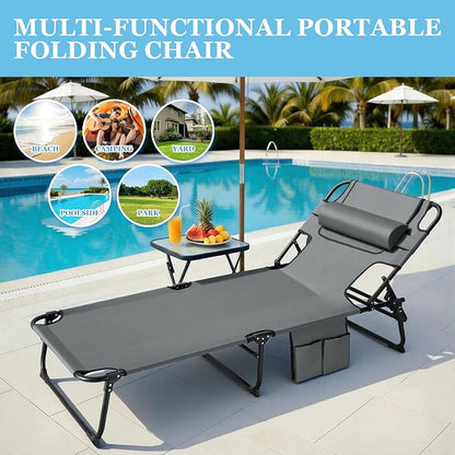 3-in-1 Sun Tanning Chair with Face Holes, Folding Chaise Lounge Chairs, 5-Position Adjustable Lounge Chair Outdoor with 2 Side Pocket & Pillow, for Pool Beach, Patio, Camping, Grey