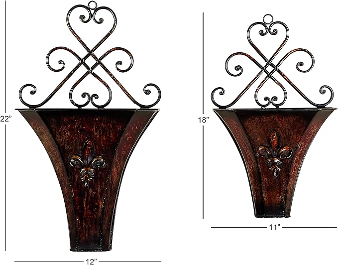 Deco 79 Metal Scroll Indoor Outdoor Wall Planter Indoor Outdoor Weathered Hanging Hanging Planter with Fleur-De-Lis Accent, Set of 2 Plant Hanger 22", 18"H, Brown