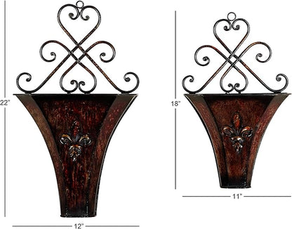 Deco 79 Metal Scroll Indoor Outdoor Wall Planter Indoor Outdoor Weathered Hanging Hanging Planter with Fleur-De-Lis Accent, Set of 2 Plant Hanger 22", 18"H, Brown