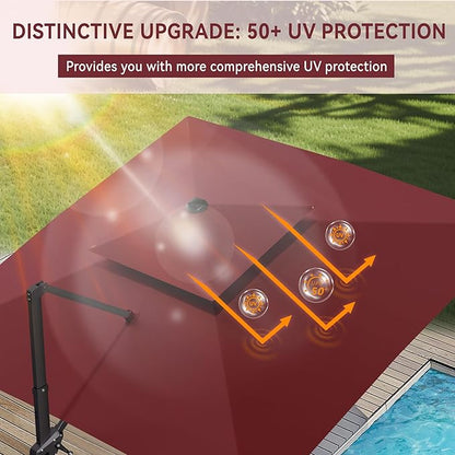 10' X 10' Cantilever Patio Umbrella Outdoor with Base Included Heavy Duty Double Top Windproof Square Offset Umbrellas with 360-degree Rotation for Pool Deck Backyard, Wine Red