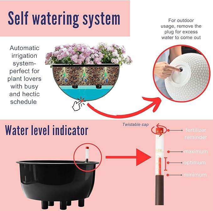 LaLaGreen Hanging Planters for Indoor Plants (11 Inch, 4 Pack) Brown Rattan Style Self-Watering Flower Pots with Water Level Indicator, Round Plastic Baskets with Metal Chain for Balcony, Porch Garden