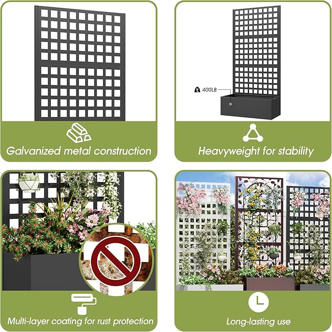 Metal Planter Box with Trellis, 71"x 35"x 16" Raised Garden Bed with Trellis, Planter Box Trellis with Privacy Screen and Drainage Holes, Black