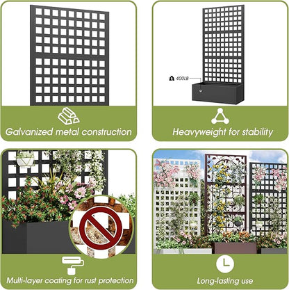 Metal Planter Box with Trellis, 71"x 35"x 16" Raised Garden Bed with Trellis, Planter Box Trellis with Privacy Screen and Drainage Holes, Black