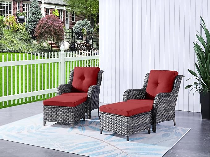 HUMMUH Outdoor Furniture 6 Pieces Patio Furniture Set Wicker Outdoor Sectional Sofa with 2 Patio Chairs,Ottomans,Coffee Table(Grey/Red)