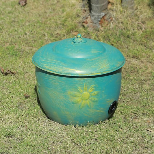 Vintage Blue Metal garden Hose Holder Storage Pot with Sunflower Decor,Holds up to 100ft Hoses.