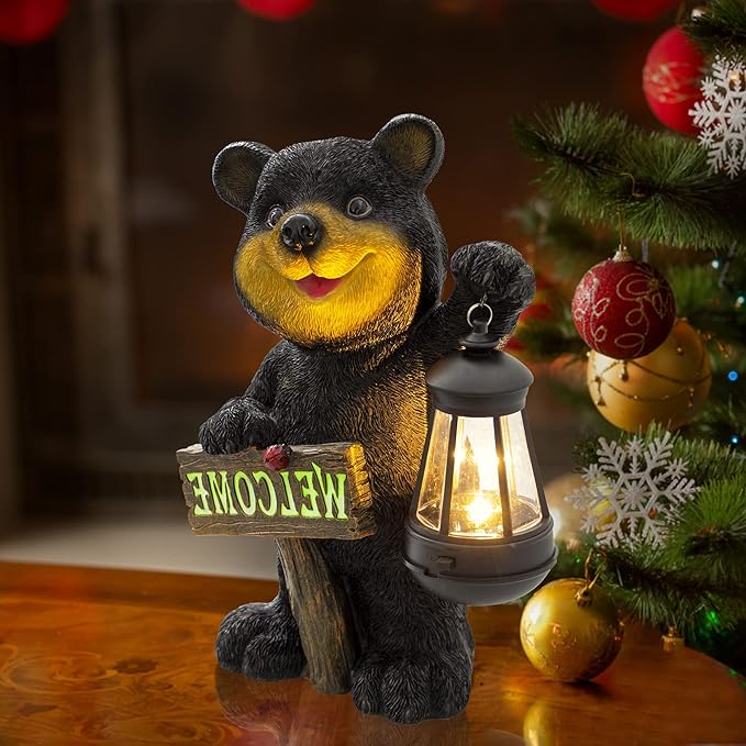 Juegoal Garden Bear Statue with Solar LED Lantern, Luminous Welcome Sign, Gifts for Mom Yard Art, Whimsical Figurine Large Sculpture Lighted Outdoor Mother's Day Spring Decorations for Lawn, Porch