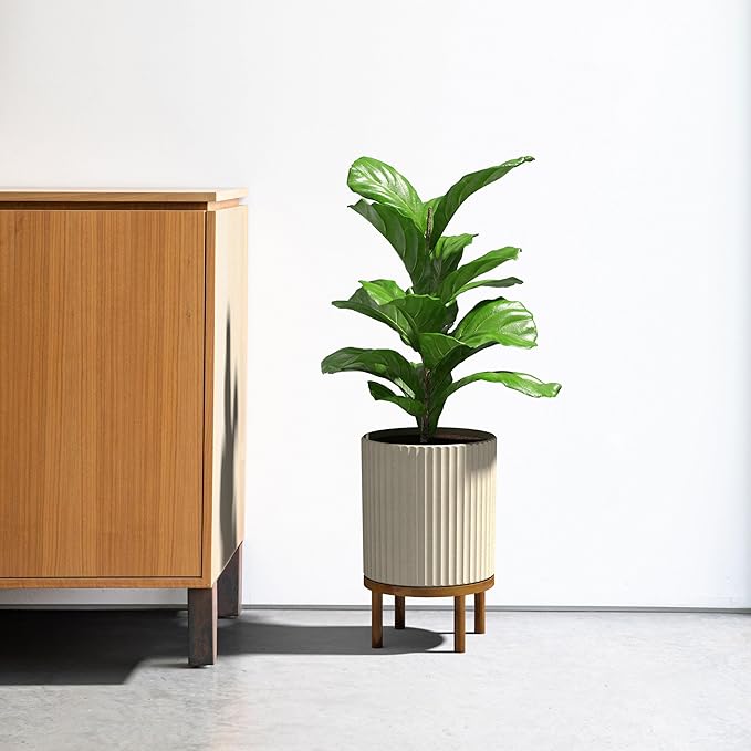 Veradek Demi Series Round Planter w/ Stand for Porch/Patio | Durable Plastic-Concrete & Wooden Stand | Modern Décor for Tall Plants, Flowers