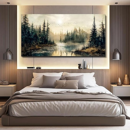 FUHAIHUA Large Wall Decor For Living Room Canvas Wall Art For Office Farmhouse Wall Decorations For Bedroom Forest River Landscape Paintings Modern Pictures Artwork Room Home Decor 24x48 In