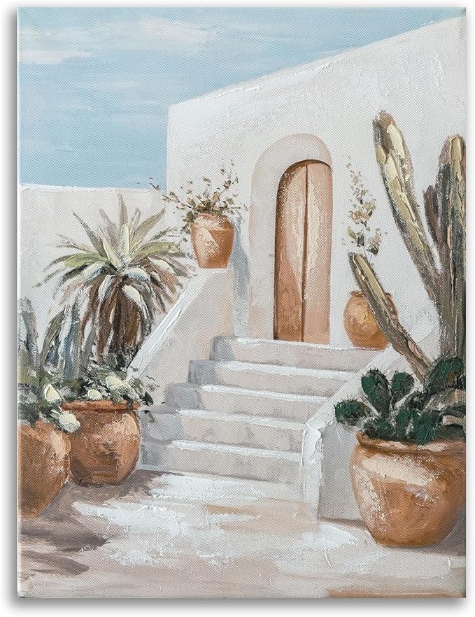 Hand-Painted Trendy blue Canvas Wall Art Pastel Preppy mediterranean Painting Picture Retro Posters Print Artwork Amalfi Coast Wall Decor for Girls Room Aesthetic bedroom bathroom Decor 12x16in