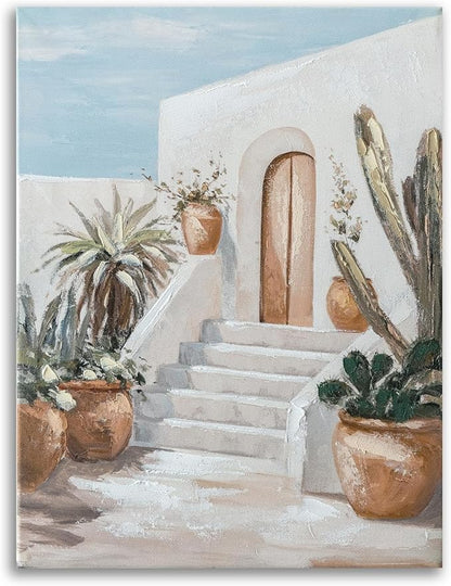 Hand-Painted Trendy blue Canvas Wall Art Pastel Preppy mediterranean Painting Picture Retro Posters Print Artwork Amalfi Coast Wall Decor for Girls Room Aesthetic bedroom bathroom Decor 12x16in