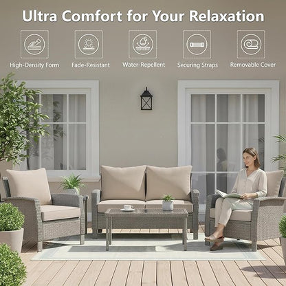 24x24 Inch Outdoor Chair Cushions Set of 4, Patio Furniture Cushions - Removable Cover, Water-Repellent, Fade-Resistant, Non-Slip Bottom & Straps, Replacement for Deep Seat Sofa & Couch - Cream