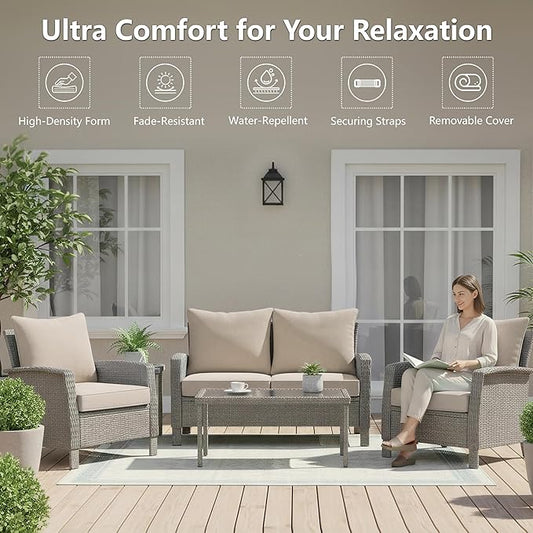 24x24 Inch Outdoor Chair Cushions Set of 4, Patio Furniture Cushions - Removable Cover, Water-Repellent, Fade-Resistant, Non-Slip Bottom & Straps, Replacement for Deep Seat Sofa & Couch - Cream