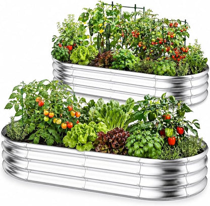 HOOPLE 2 Pack Raised Garden Bed 6x3x1FT, Galvanized Metal Raised Garden Bed Outdoor, Oval Design with Open Base for Better Drainage, Easy Gardening for Vegetables, Flowers & Herbs