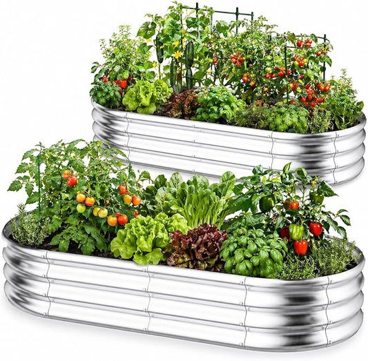 HOOPLE 2 Pack Raised Garden Bed 6x3x1FT, Galvanized Metal Raised Garden Bed Outdoor, Oval Design with Open Base for Better Drainage, Easy Gardening for Vegetables, Flowers & Herbs