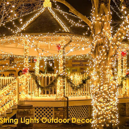 4 Pack 180FT Solar String Lights for Outside, Super Bright 320 LED Solar Christmas Lights Outdoor Waterproof with 8 Modes, Green Wire Solar Twinkle Fairy Lights for Xmas Tree Party Yard (Warm White)