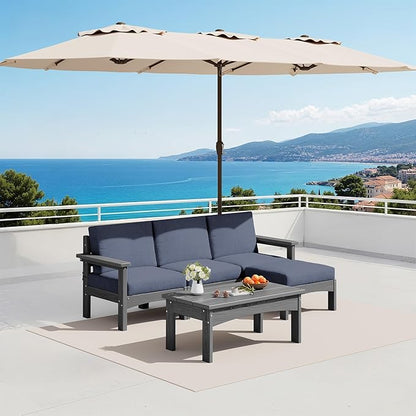 SERWALL 5-Piece Patio Sofas with 15FT Double Side Patio Umbrella, All-Weather HDPE Outdoor Sectional Sofa, Large Modular Patio Conversation Set for Garden, Deck, Porch, Grey Frame with Grey Cushion