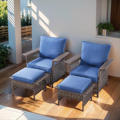 Patio Furniture Set 2 Wicker Patio Chairs with 2 PE Rattan Ottomans Brown Wicker Blue Cushions Patio Conversation Set 4pcs for Garden Balcony Sunroom Backyard Poolside
