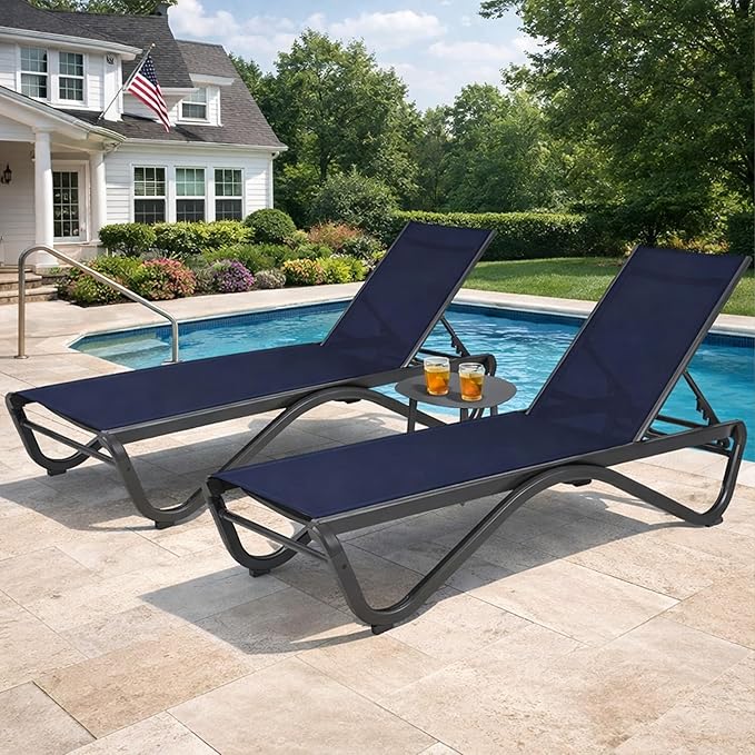 Kozyard Outdoor Chaise Lounge Chair, All Aluminum Frame and Textilene Fabric, Fully Flat Adjustable Reclining Patio Lounger for Poolside, Sunbathing & Backyard (NavyBlue, 2Chairs + Table)