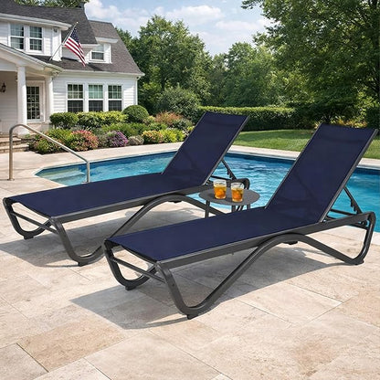 Kozyard Outdoor Chaise Lounge Chair, All Aluminum Frame and Textilene Fabric, Fully Flat Adjustable Reclining Patio Lounger for Poolside, Sunbathing & Backyard (NavyBlue, 2Chairs + Table)