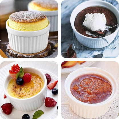 Ramekins 6 oz Set of 8, Creme Brulee Ramekins, Souffle Dishes, Oven Safe Porcelain Ramiken Bowls For Custard, Lava Cakes, Pudding, Flan, Mini Desserts, Dipping Sauce Cups